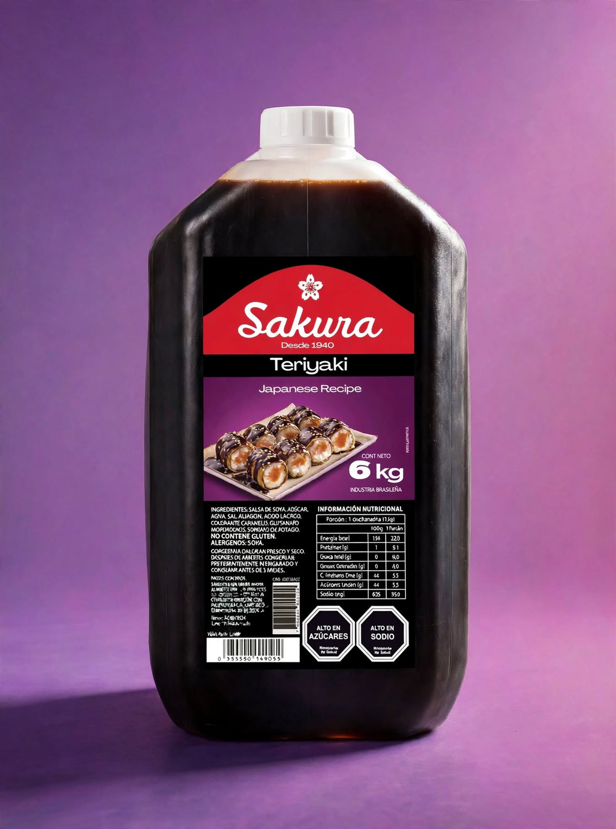 Bidón de Salsa Teriyaki Sakura de 6 kg, vista frontal sobre fondo magenta